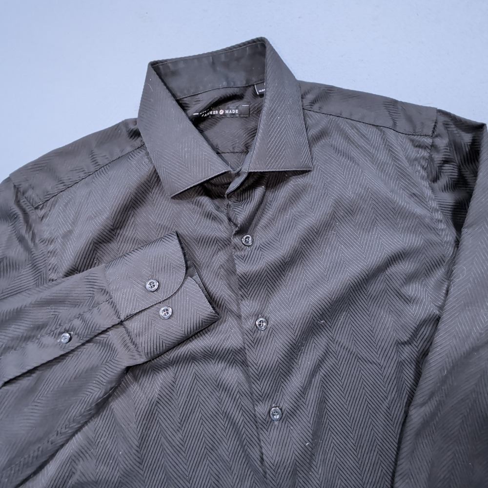 Hammer Made Dress Shirt Mens 38/15 Slim Black Chevron Textured Long Sleeve